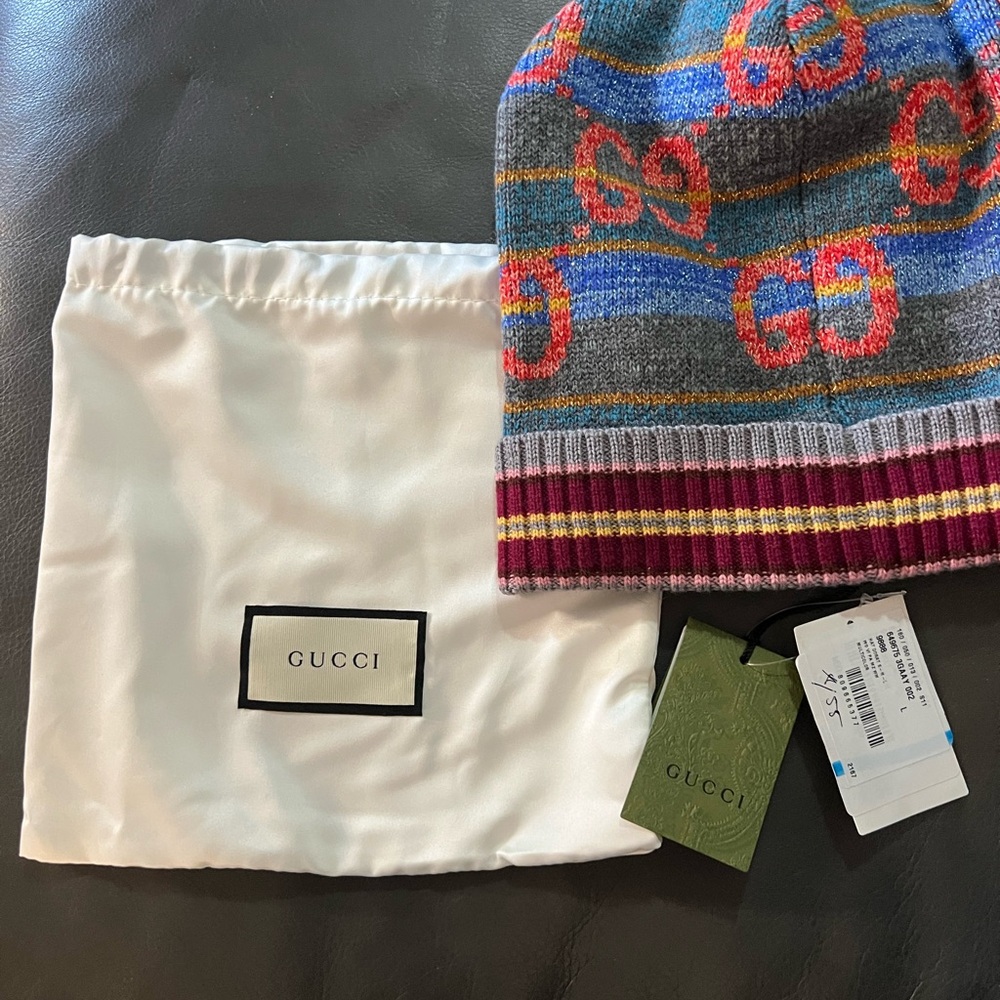 Gucci Red and Blue Knit Hat Vibrant Patterns